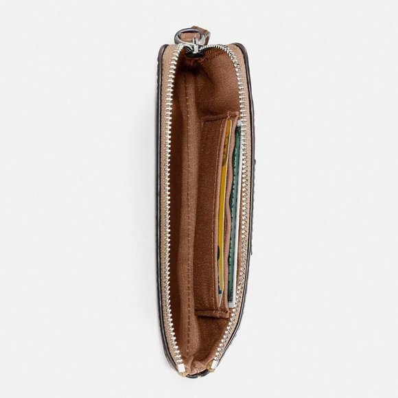 COACH SIGNATURE MONOGRAM CORNER ZIP WRISTLET WALLET-GOLD/KHAKI SADDLE - Picture 3 of 6